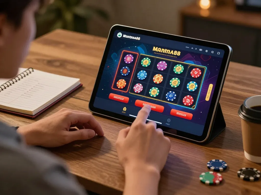 A player engaging with the mantra88 app on a tablet, surrounded by strategy notes and a coffee cup, showcasing a vibrant gaming environment