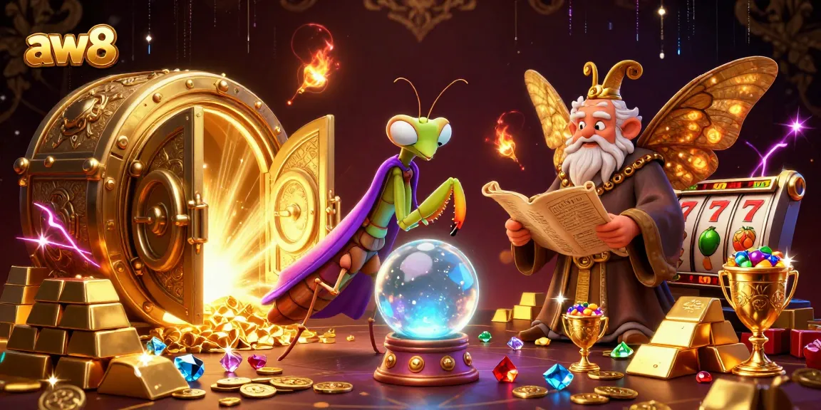 Engage with AW8's dynamic gaming elements in a vibrant, 3D casino scene full of treasures.