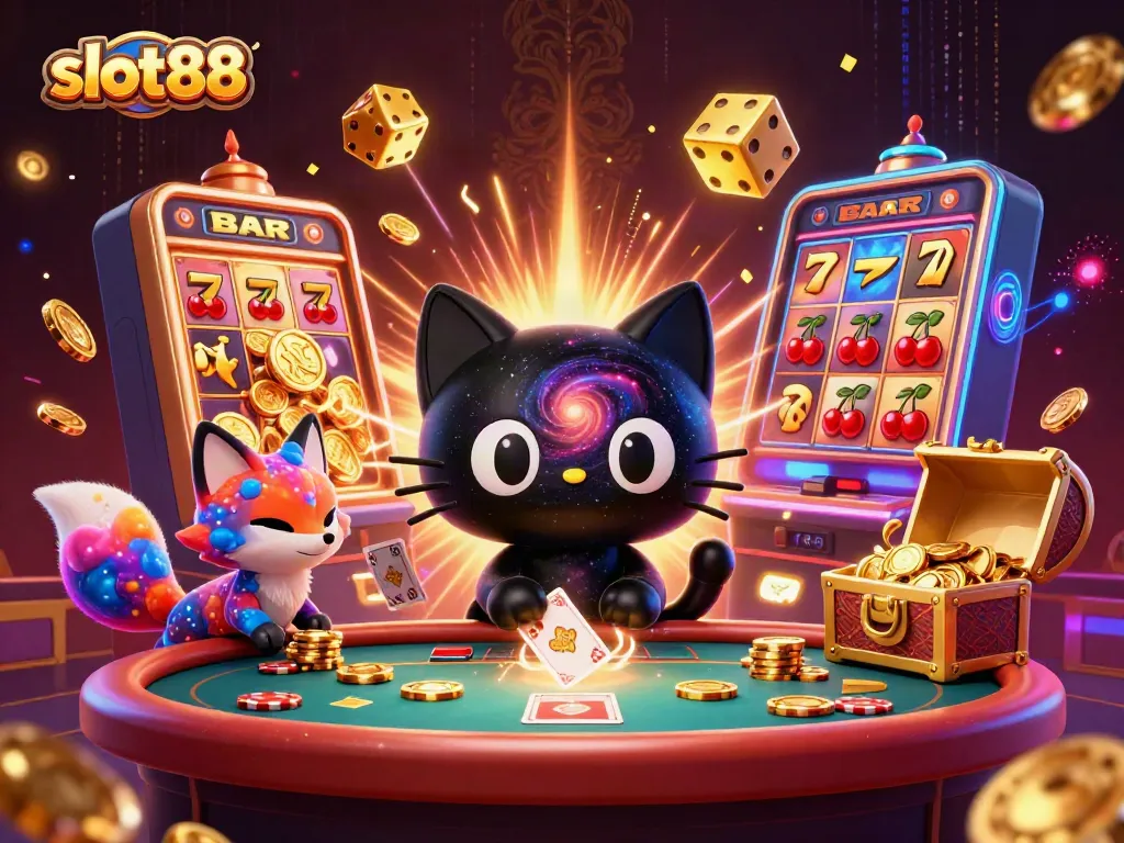 Slot88 meraih kemenangan dengan simbol slot dan kucing galaksi di kasino digital.