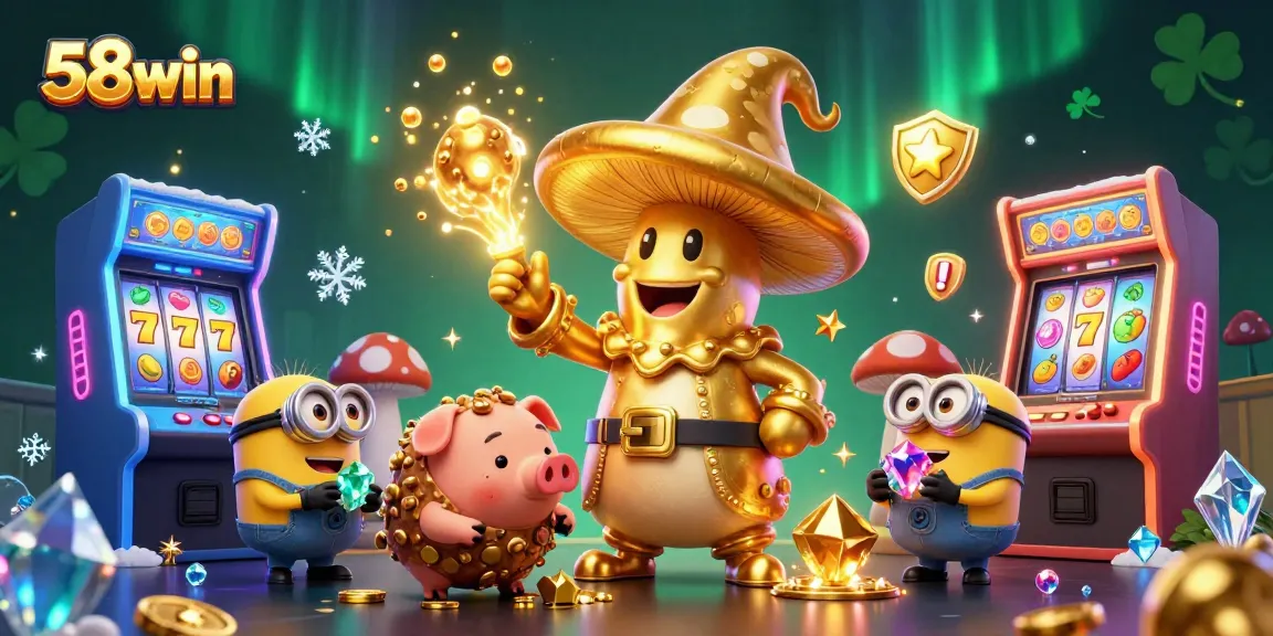 Experience 58win's magical casino world transforming elements into gold amidst vibrant gaming elements.