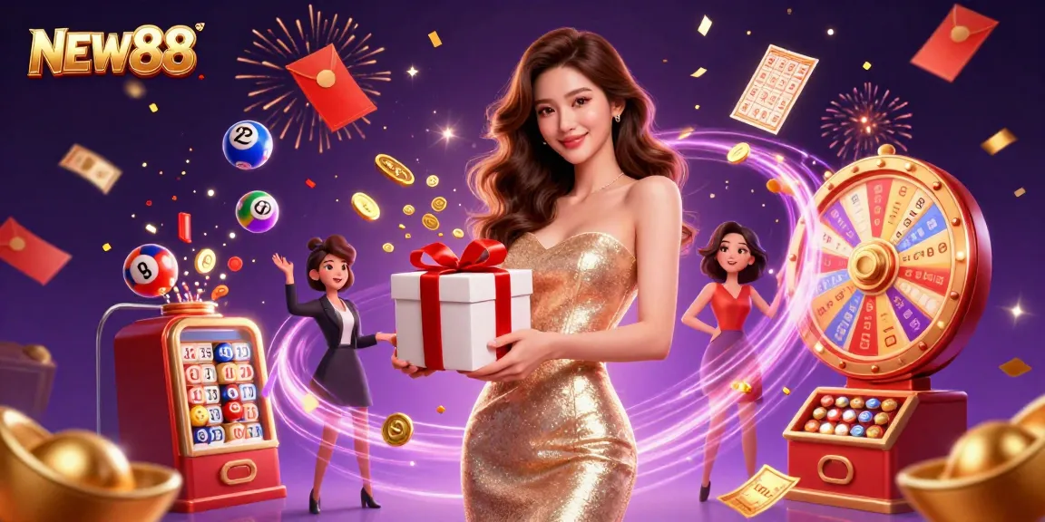 Experience winning with NEW88 in a vibrant casino-themed illustration full of festive elements.