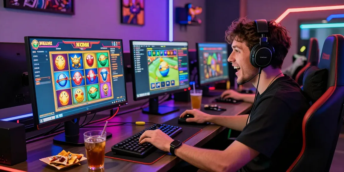 Excited player engaging with Link Slot Gacor Kartupoker in an immersive gaming setup.
