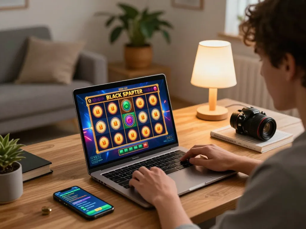 Player spins online slot game featuring Black Scatter for potential big wins in a cozy home setting.