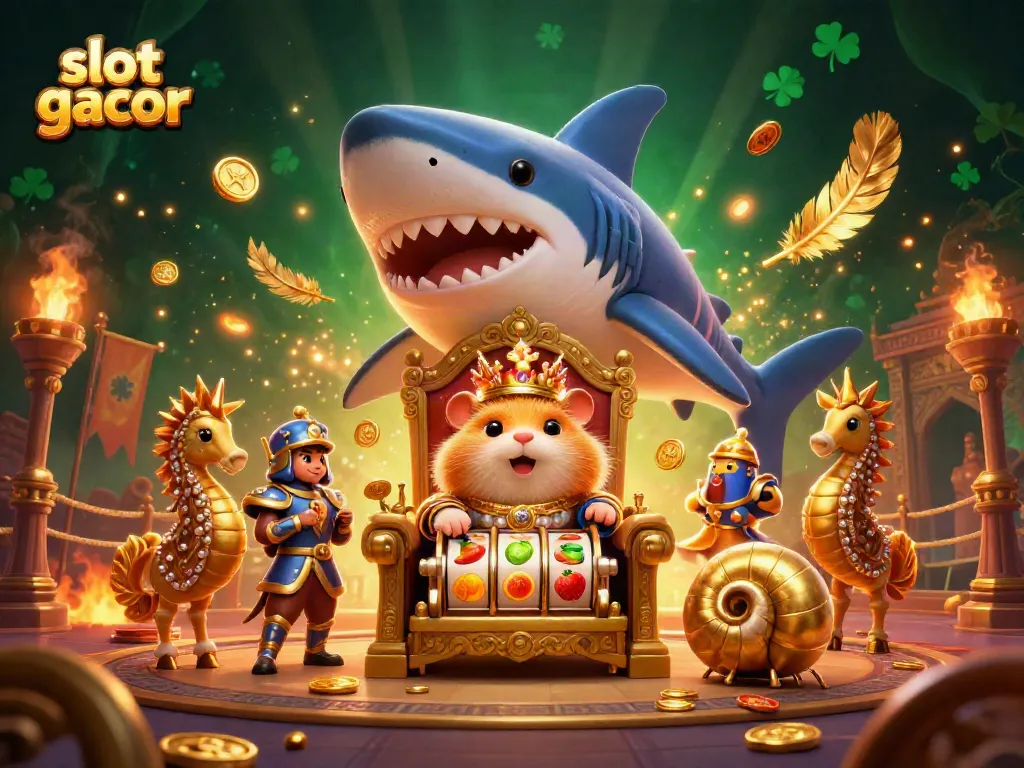 Gambar slot gacor dengan raja hamster emas dan pasukan seahorse di arena taruhan