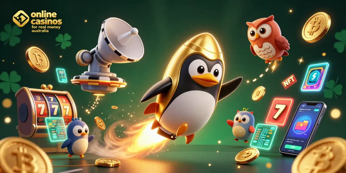 Experience the thrill of online casinos for real money Australia with a vibrant scene filled with golden penguins and gaming elements.