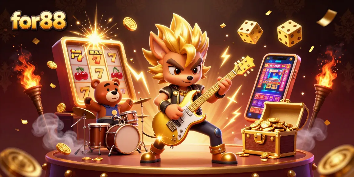 Experience thrilling gameplay with for88 as a rock star wolf and bear entertain on a dynamic casino stage.