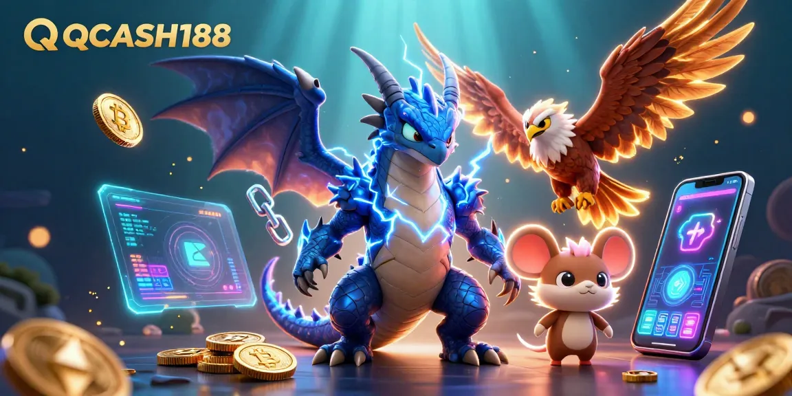 Bet on QQCASH188 with 3D cartoon thunder dragon, blockchain coins, and dynamic casino elements.