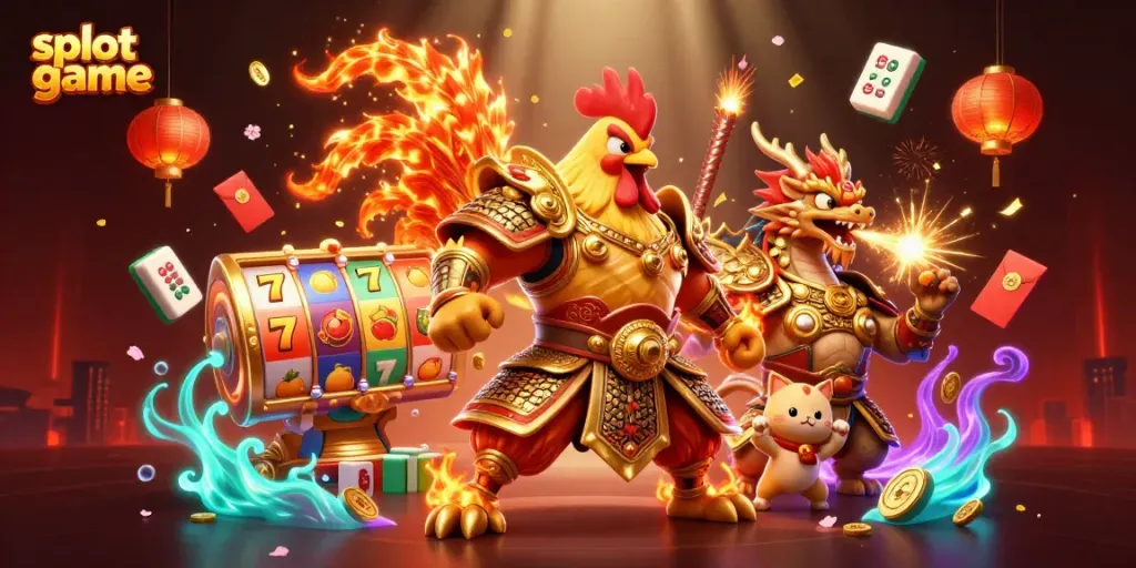 Engage with the exciting slot game featuring a colorful collage of characters, reels, and symbols!