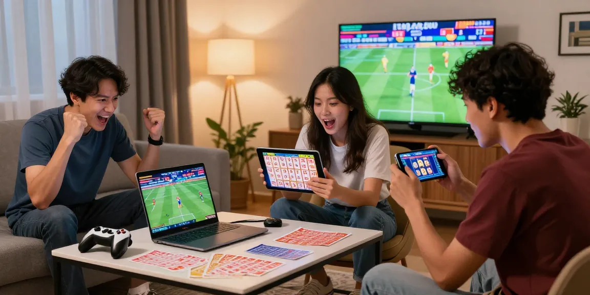 Engaging fun88casino scene with players betting on sports, lottery, and slots in a cozy home environment.