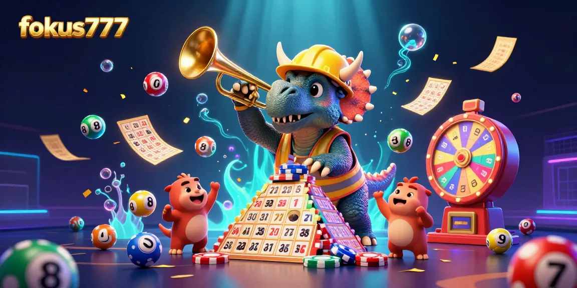 Celebrate and win with fokus777 in an energetic, packed casino game illustration featuring vibrant lottery elements.