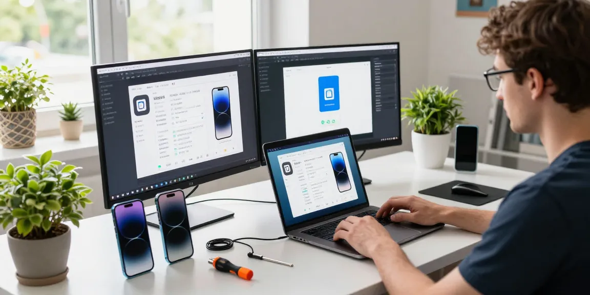 使用爱思助手进行iOS设备管理的开发者在现代化办公桌上工作，周围摆放着工具和设备，营造高效的技术环境。