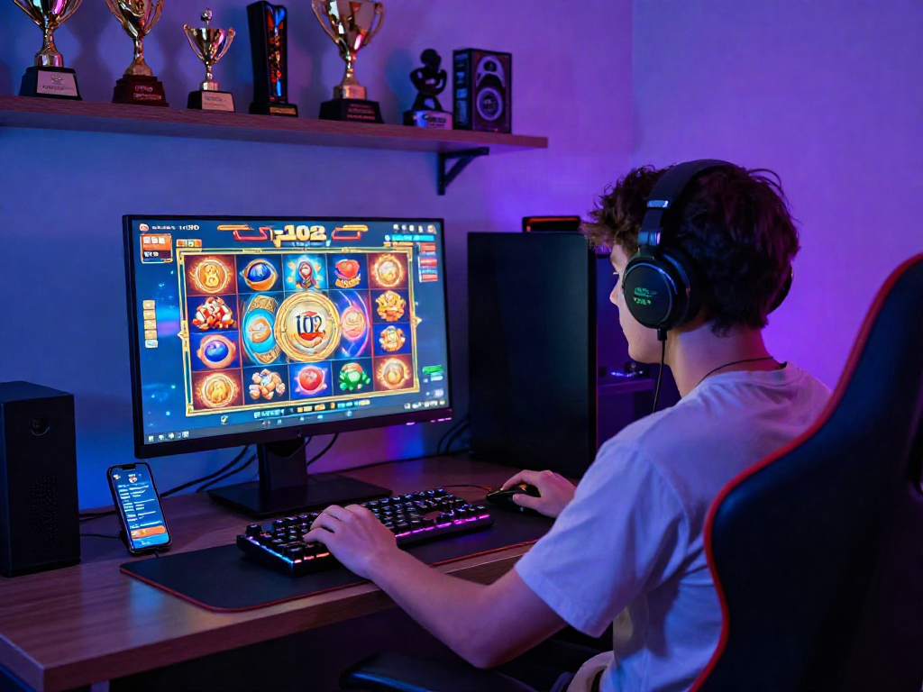 Engaging gaming scene with player enjoying slot102 game on a high-resolution monitor in a colorful setup.