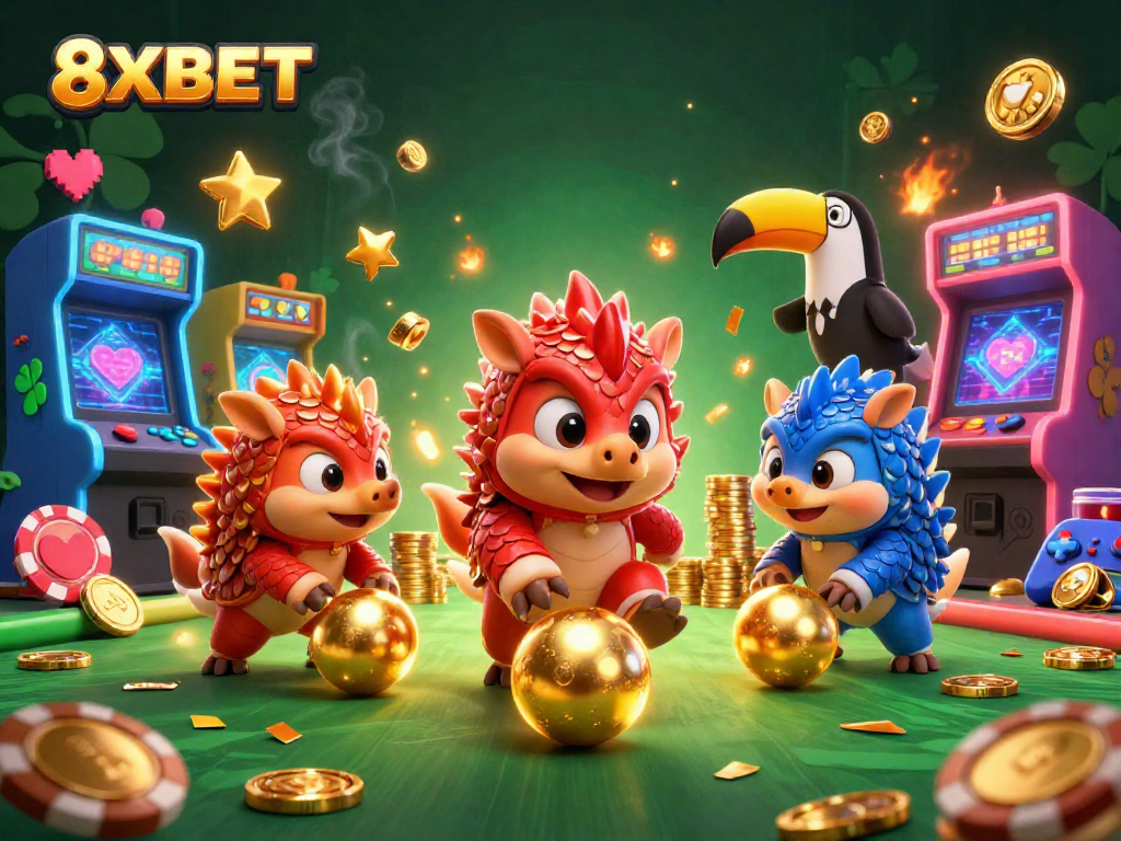 Win big at 8XBET with vibrant gambling action featuring pangolins and casino elements.