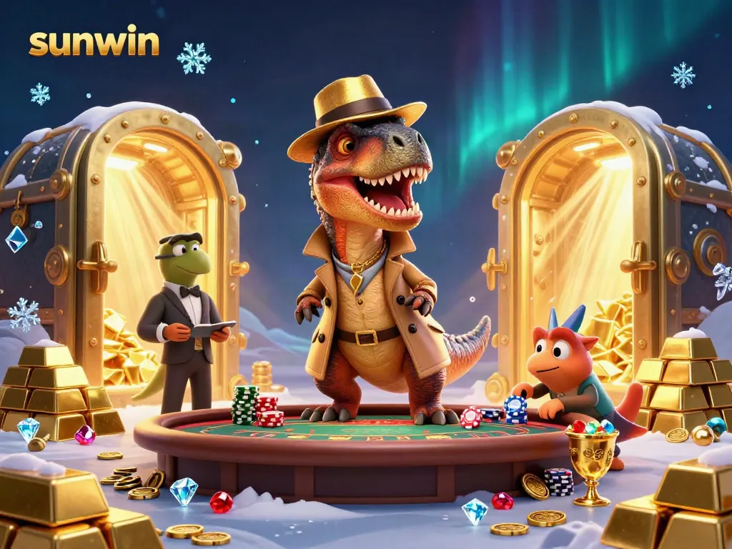 Experience thrilling gameplay at sunwin with a 3D velociraptor at a blackjack table amidst dazzling jewels.