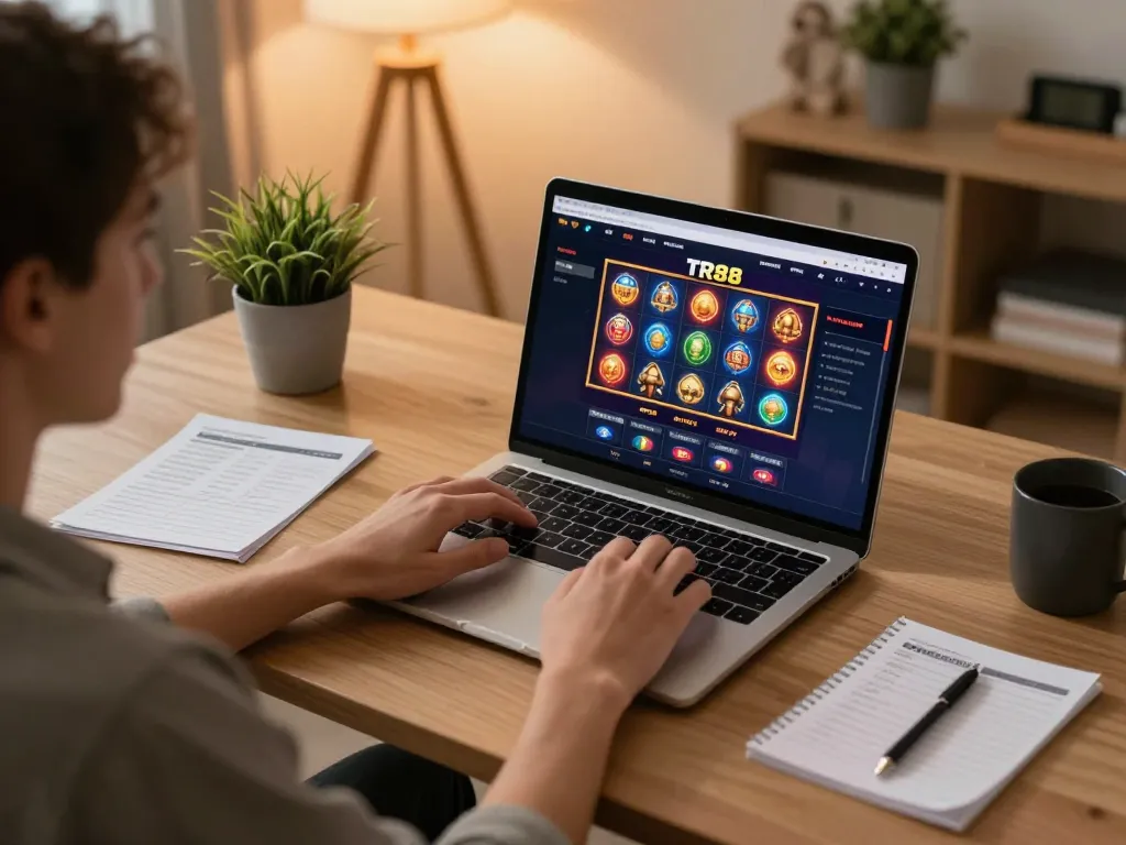Player engaging with the TR88 online casino interface showcasing exciting slot games in a cozy home setup