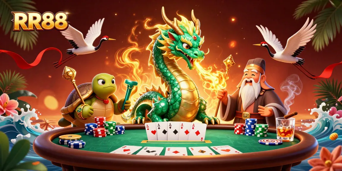 Engage with RR88 for thrilling poker experiences featuring a jade dragon and dynamic casino elements.