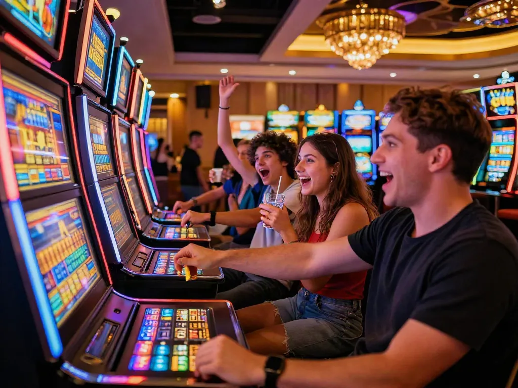 A group of friends enjoying a lively slot machine experience in a vibrant casino.