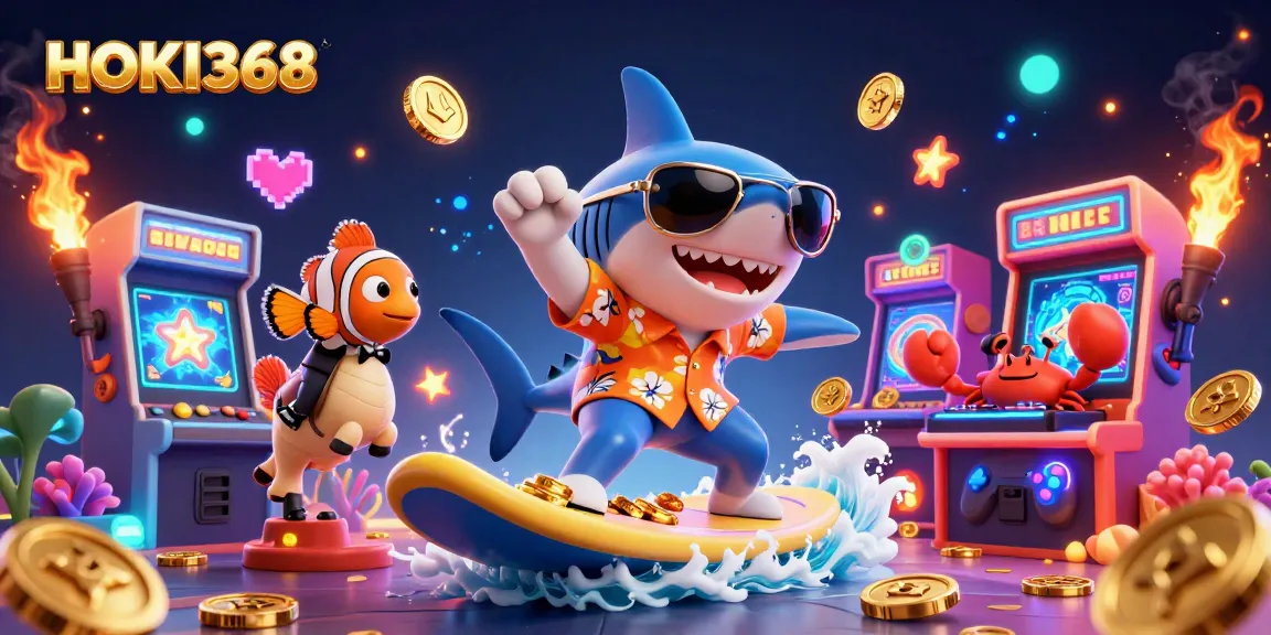Experience thrilling wins with HOKI368 as the shark surfs on gold coins amidst colorful gaming elements.