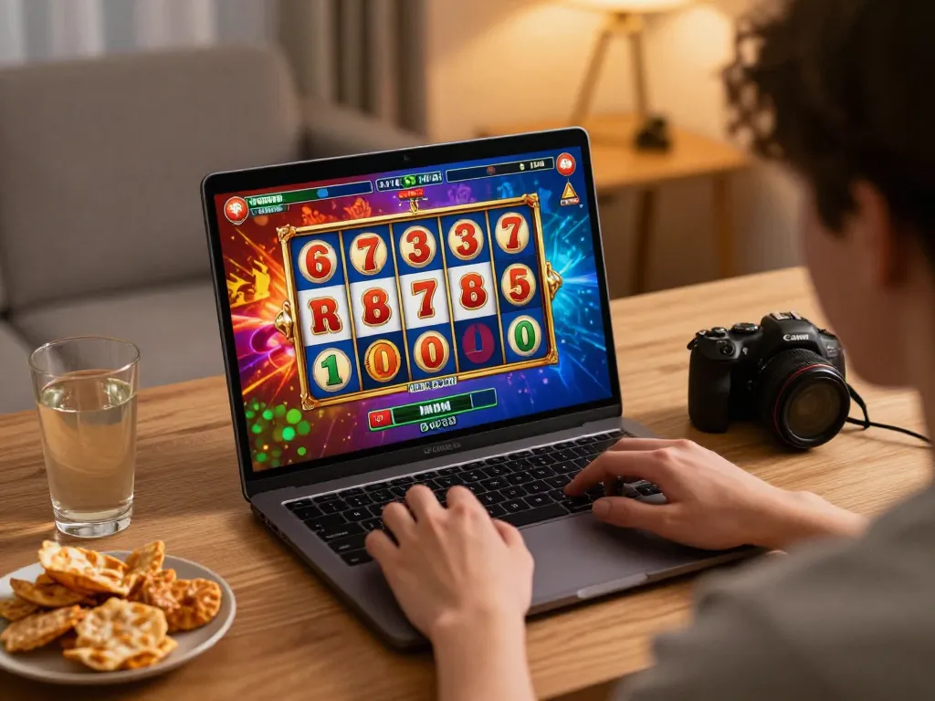 Exciting online gaming moment with Slot Terpercaa gameplay on laptop, showcasing vibrant win alignment and player focus.