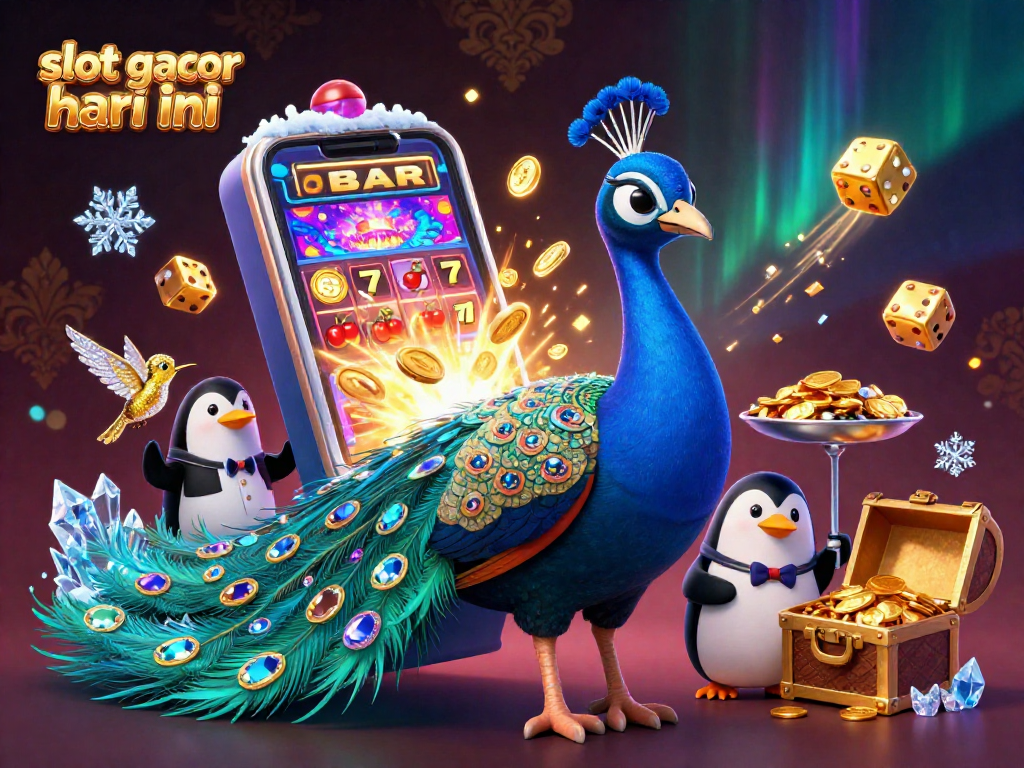 Slot gacor hari ini menampilkan ilustrasi kasino dengan burung merak, penguin pelayan, dan kolibri berkilau.