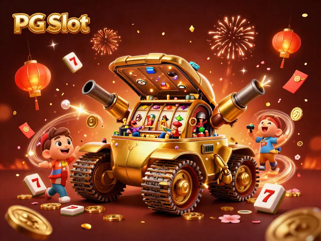 Experience PG Slot excitement with a vibrant golden beetle tank showcasing mini casino fun.