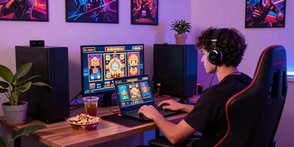 Engaged player enjoying slot online games in a cozy home office.