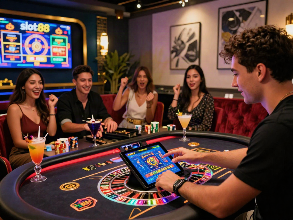 Exciting slot88 gaming scene with vibrant lights and friends cheering