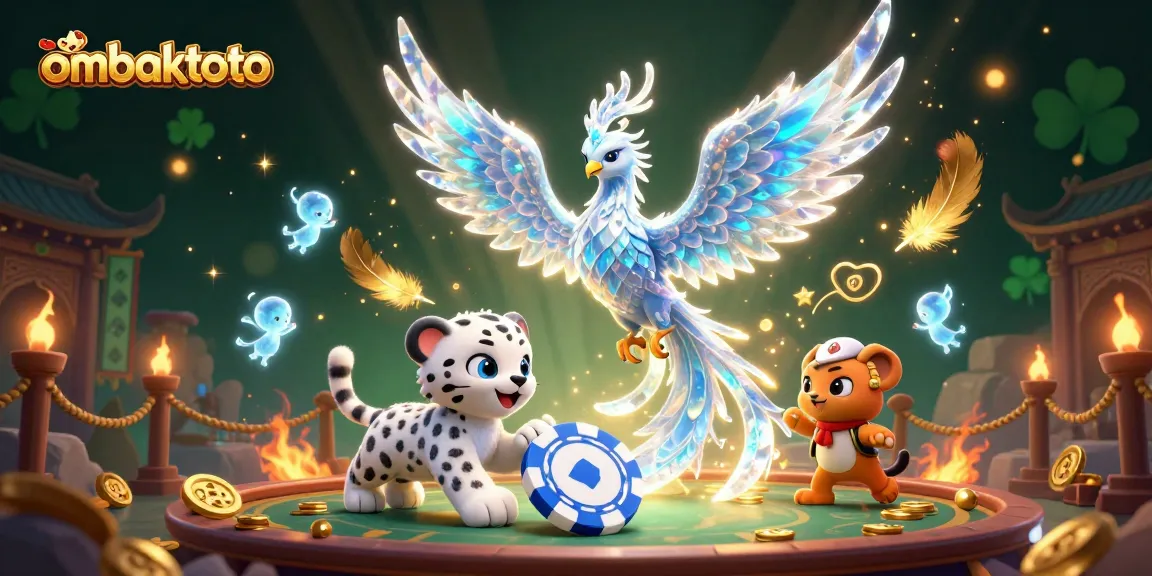 Win big with ombaktoto in this vibrant 3D casino scene featuring magical creatures.