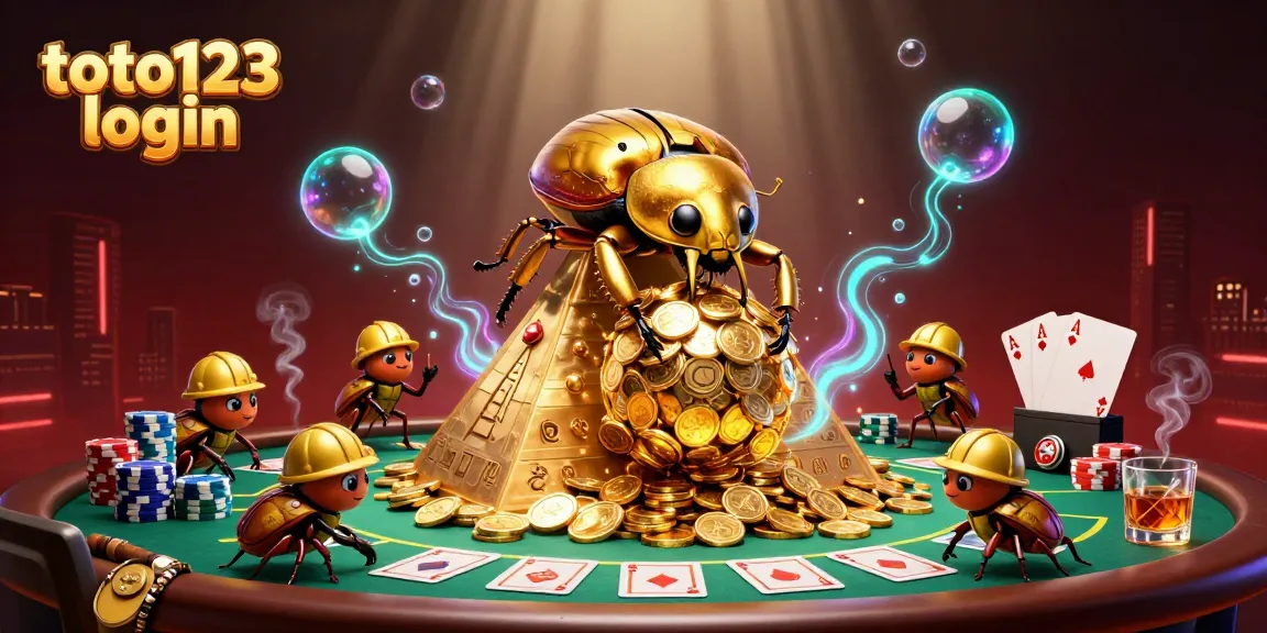 Experience the excitement of toto123 login with golden beetles rolling coins in a vibrant casino scene!