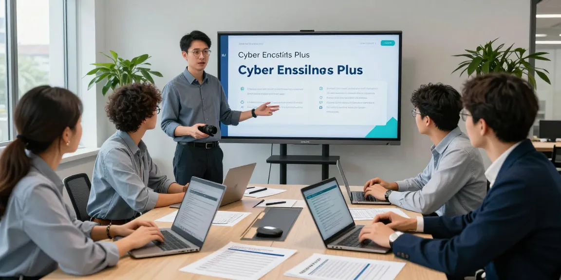Cyber Essentials Plus team discussing certification process in modern office.