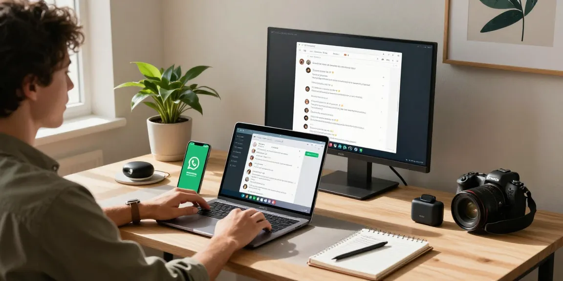 Using WhatsApp電腦版 in a modern home office setup with laptop, smartphone, and workspace elements.