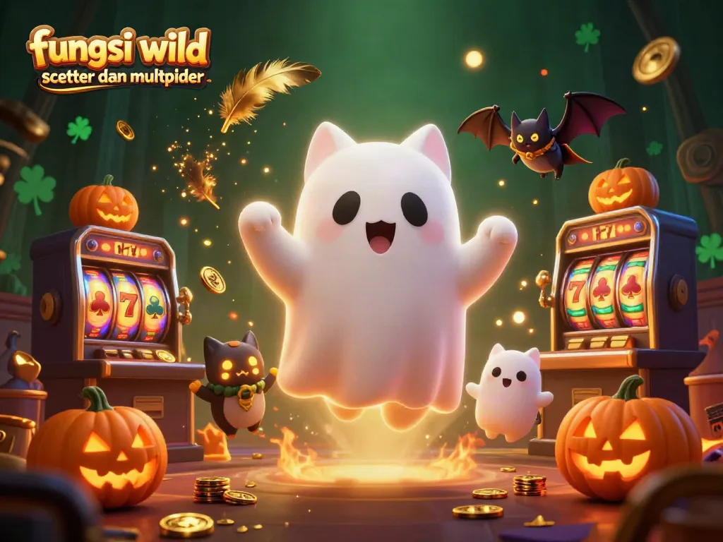 Gambarkan fungsi wild scatter dan multiplier dalam mesin slot dengan karakter kartun menyeramkan dan atmosfer kasino.