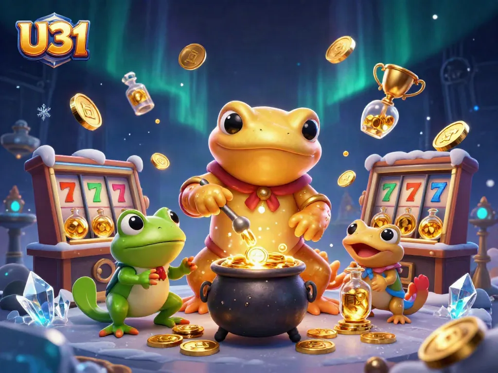 U31 players engaging with vibrant slot machines and golden elements in a dynamic casino scene.