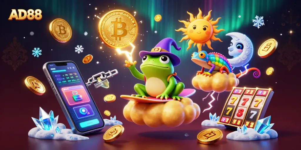AD88 captures a vibrant atmosphere with golden coins and currencies for an engaging casino experience.