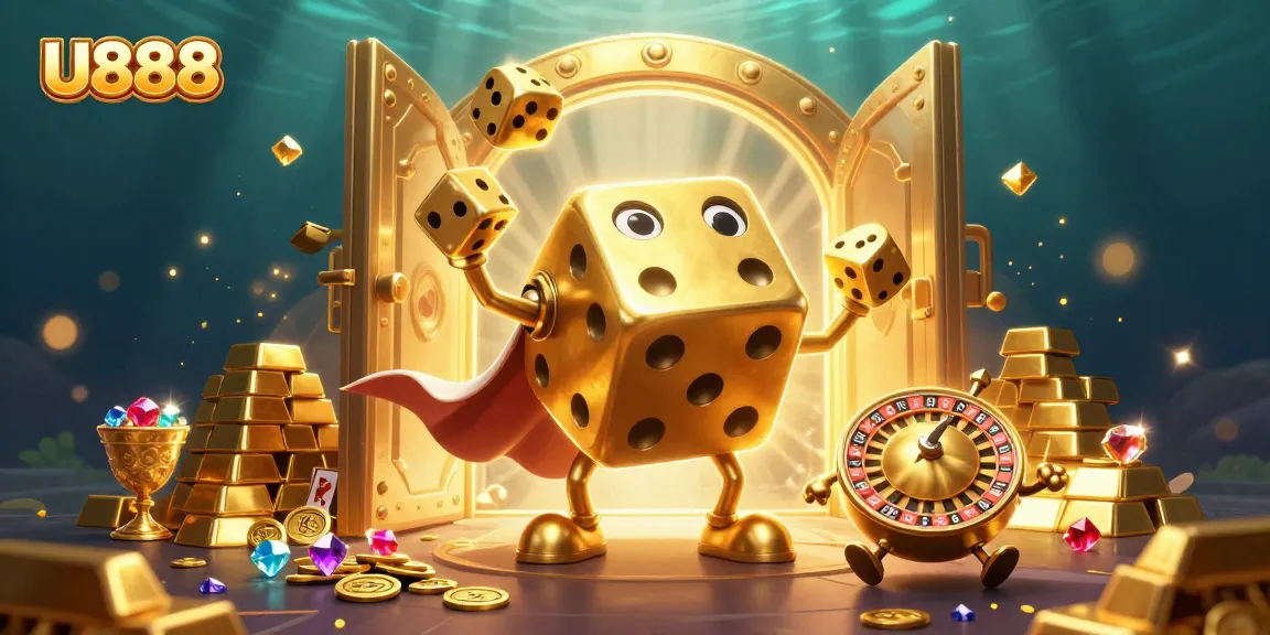 Experience the thrill of U888 with a dynamic gambling scene featuring golden dice and treasures.