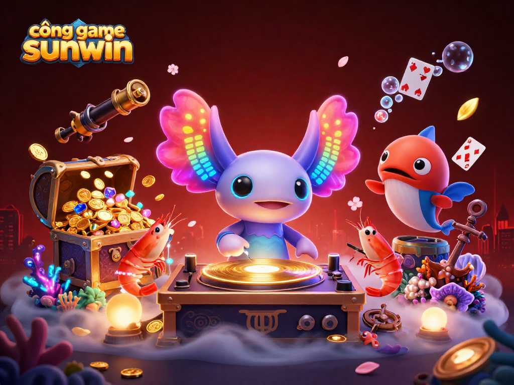 Cổng game sunwin showcases lively cartoon characters in a vibrant underwater casino scene with gold treasures.