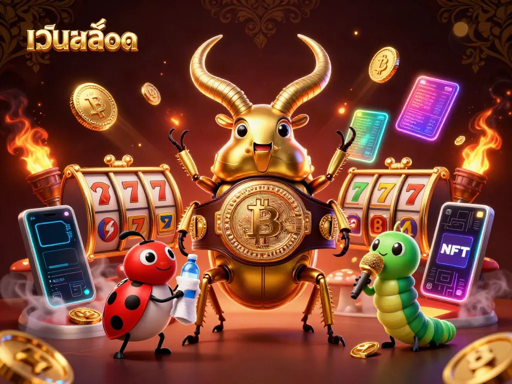 Engage with เว็บสล็อต featuring a dynamic showdown between a giant stag beetle and a ladybug corner-man in a casino-themed environment.