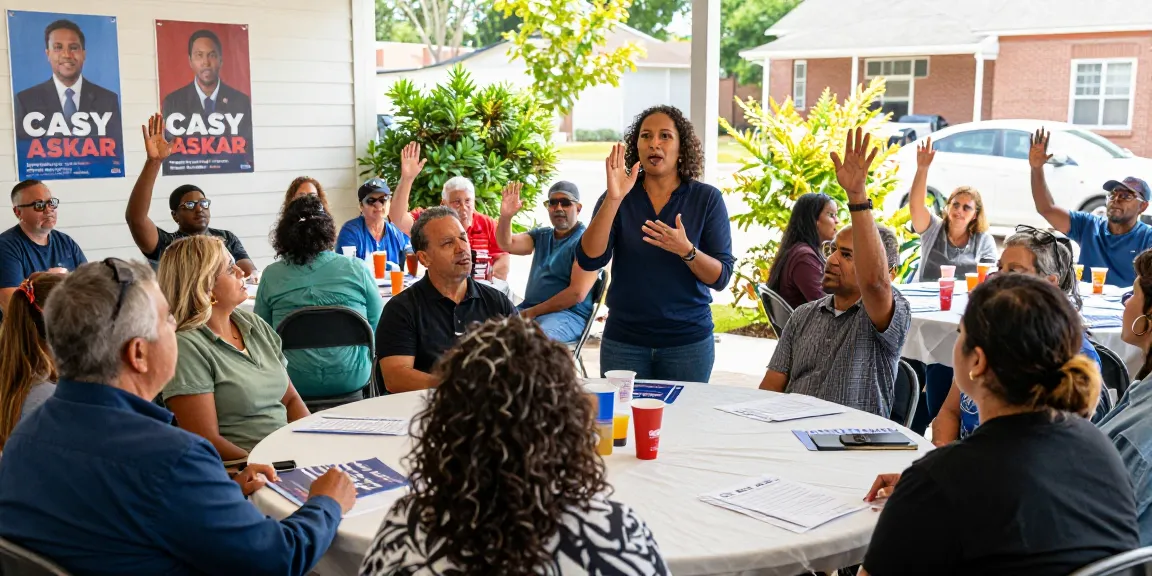 Casey Askar engages with community at town hall meeting, discussing vital local issues.