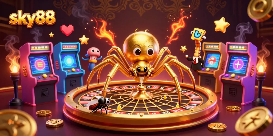 Engage in thrilling bets at sky88 with a vibrant casino-inspired illustration showing a golden spider and exciting game elements.
