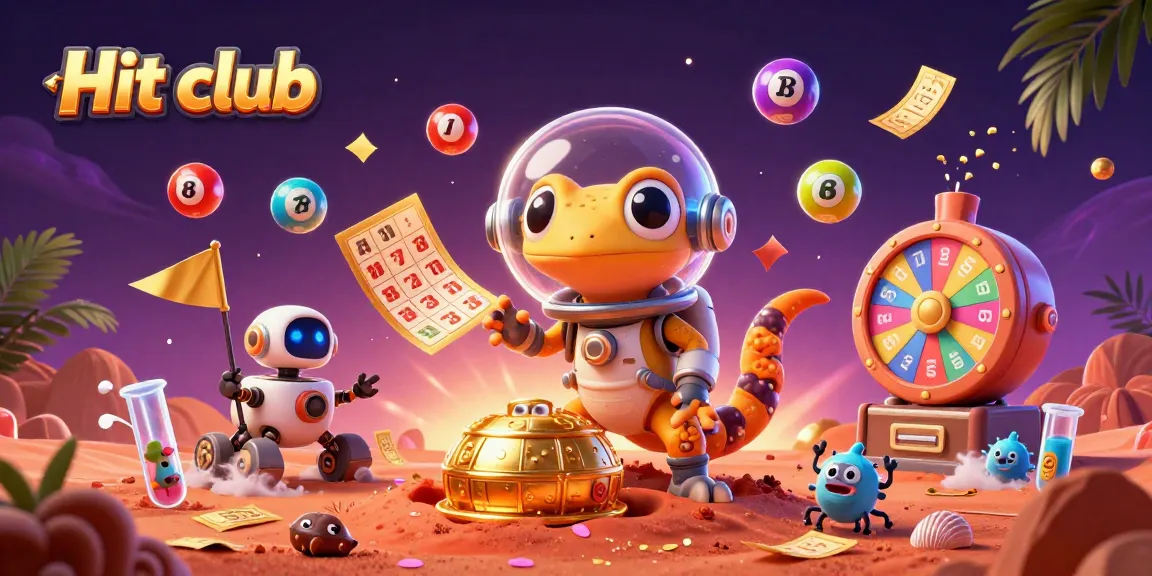 Hit club showcases a Martian gecko discovering a golden casino with vibrant lottery elements.