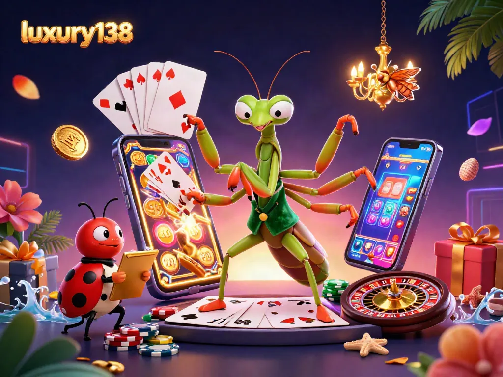 Engage with luxury138 as a cartoon mantis card sharp entertains with a vibrant casino scene.