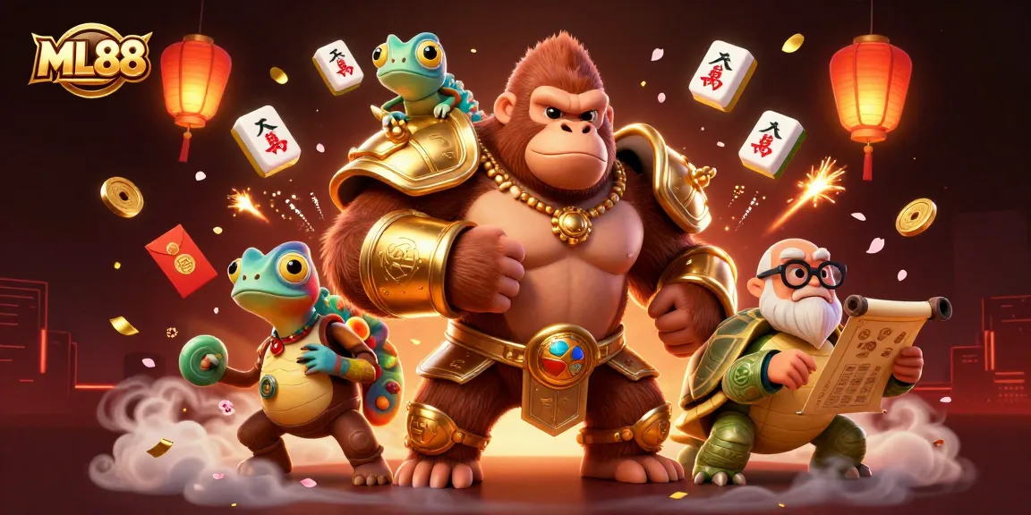 ML88 offers exciting gaming opportunities with vivid illustrations of a gorilla in armor and colorful gambling elements.