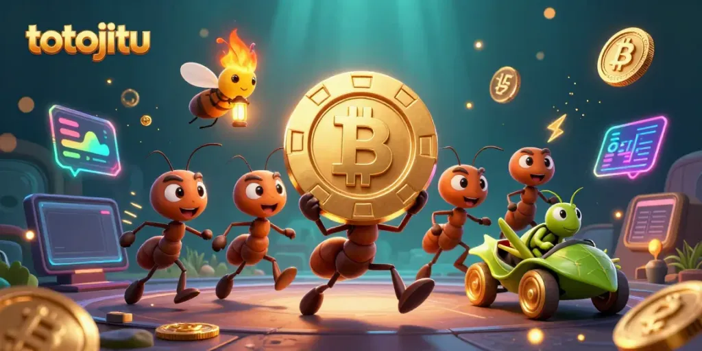 Experience thrilling action in totojitu with cartoon ants heisting a golden poker chip and crypto elements.