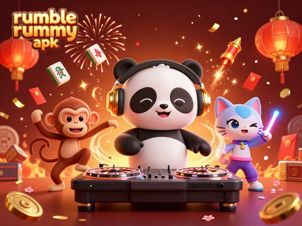 Experience the thrill of Rumble Rummy APK with vibrant casino characters and elements in a lively scene.
