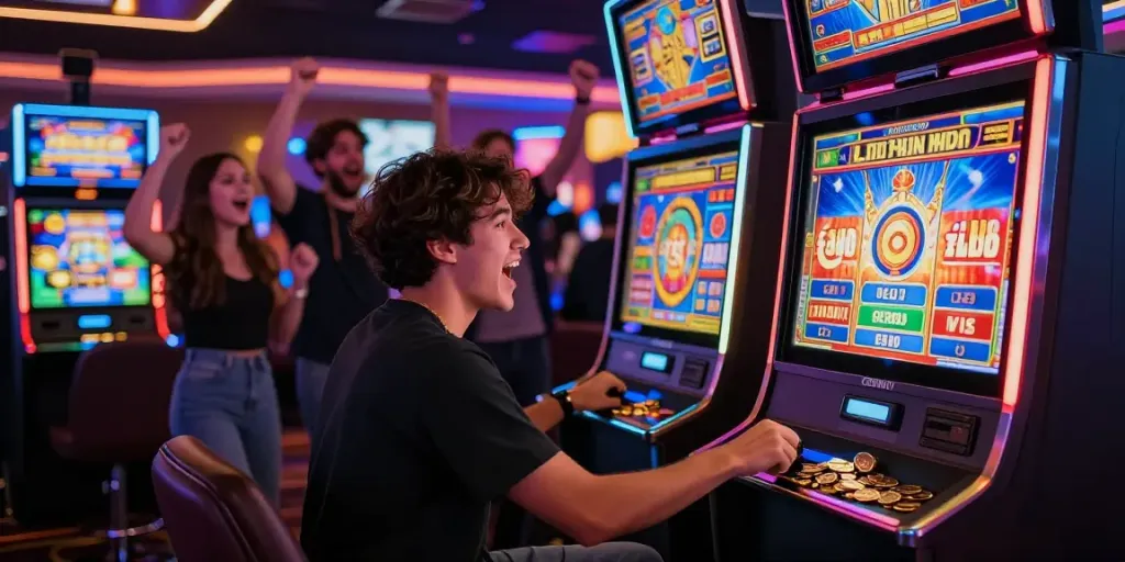 Exciting scene of players at a slot maxwin machine celebrating wins in a vibrant casino.
