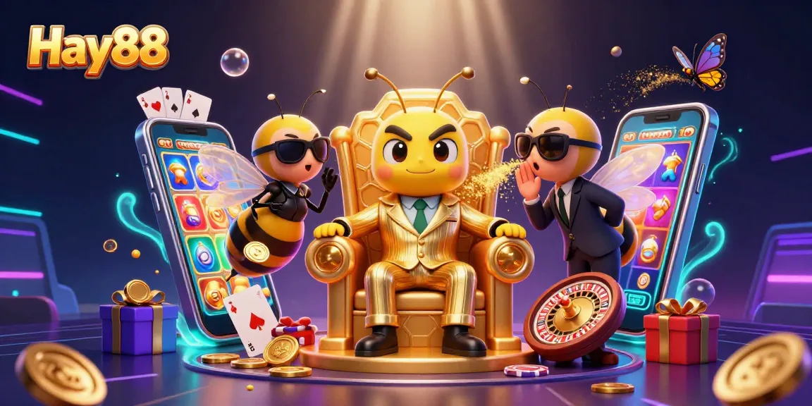 Engage with Hay88's thrilling slots in a dynamic casino scene featuring colorful games and exciting characters.