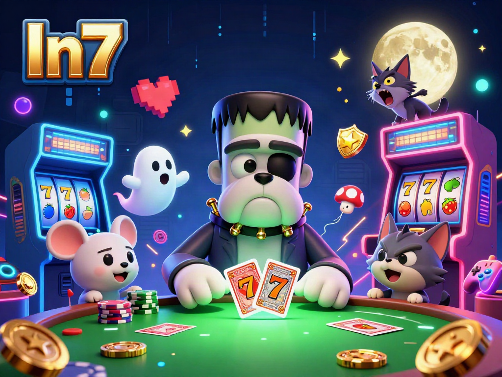 In7 showcases vibrant slot gaming with a Frankenstein bulldog dealing cards at a spooky casino table.