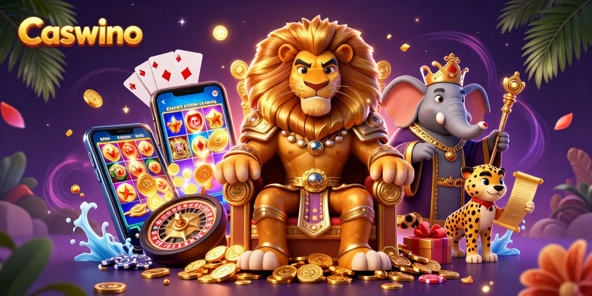Caswino features a dynamic scene with a royal lion, a wise elephant, and a speedy cheetah amidst vibrant gaming elements.