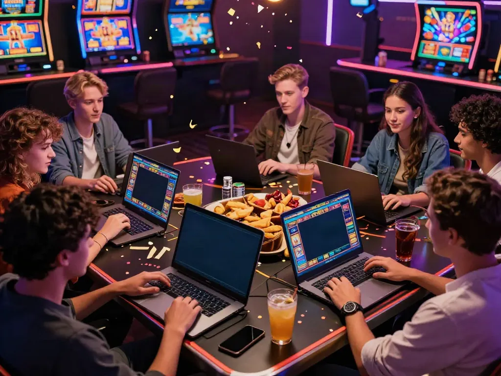 Engaging scene of friends playing slot online games together, celebrating wins in a lively setting