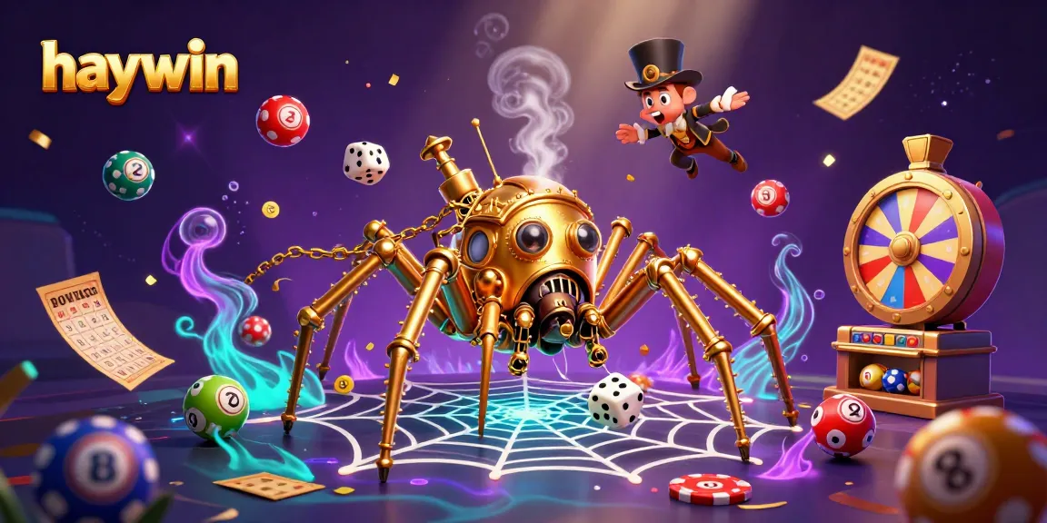 Experience haywin's thrilling games with a bustling casino scene featuring dynamic lottery elements and a charming spider.